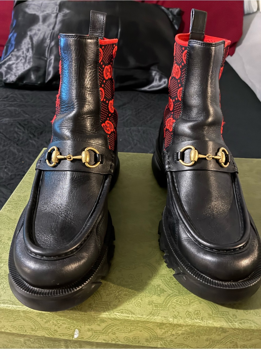 Gucci Black Leather Lug-Sole Ankle Boots with Red Knit Panels
